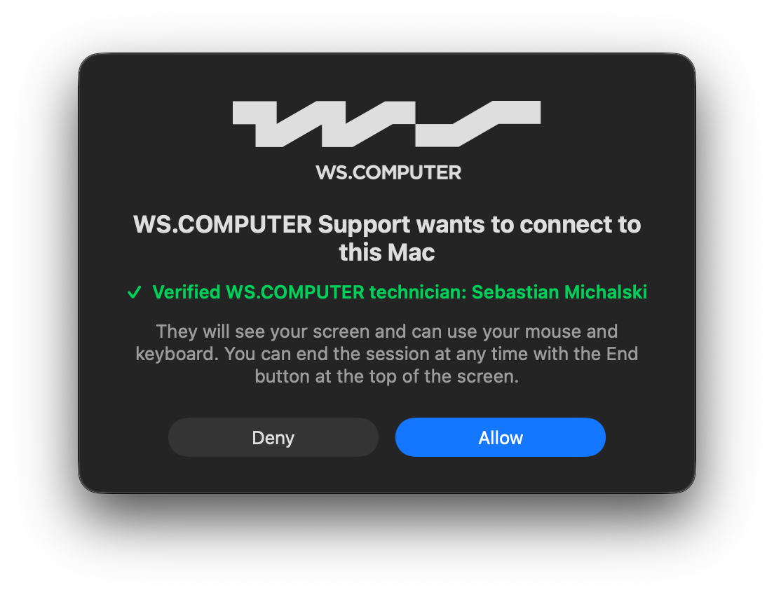 Pieprasījums, kas viņam jāapstiprina. Verificēts WS.COMPUTER tehniķis parāda logotipu un zaļu ķeksīti; visi pārējie saņem skaidru brīdinājumu.