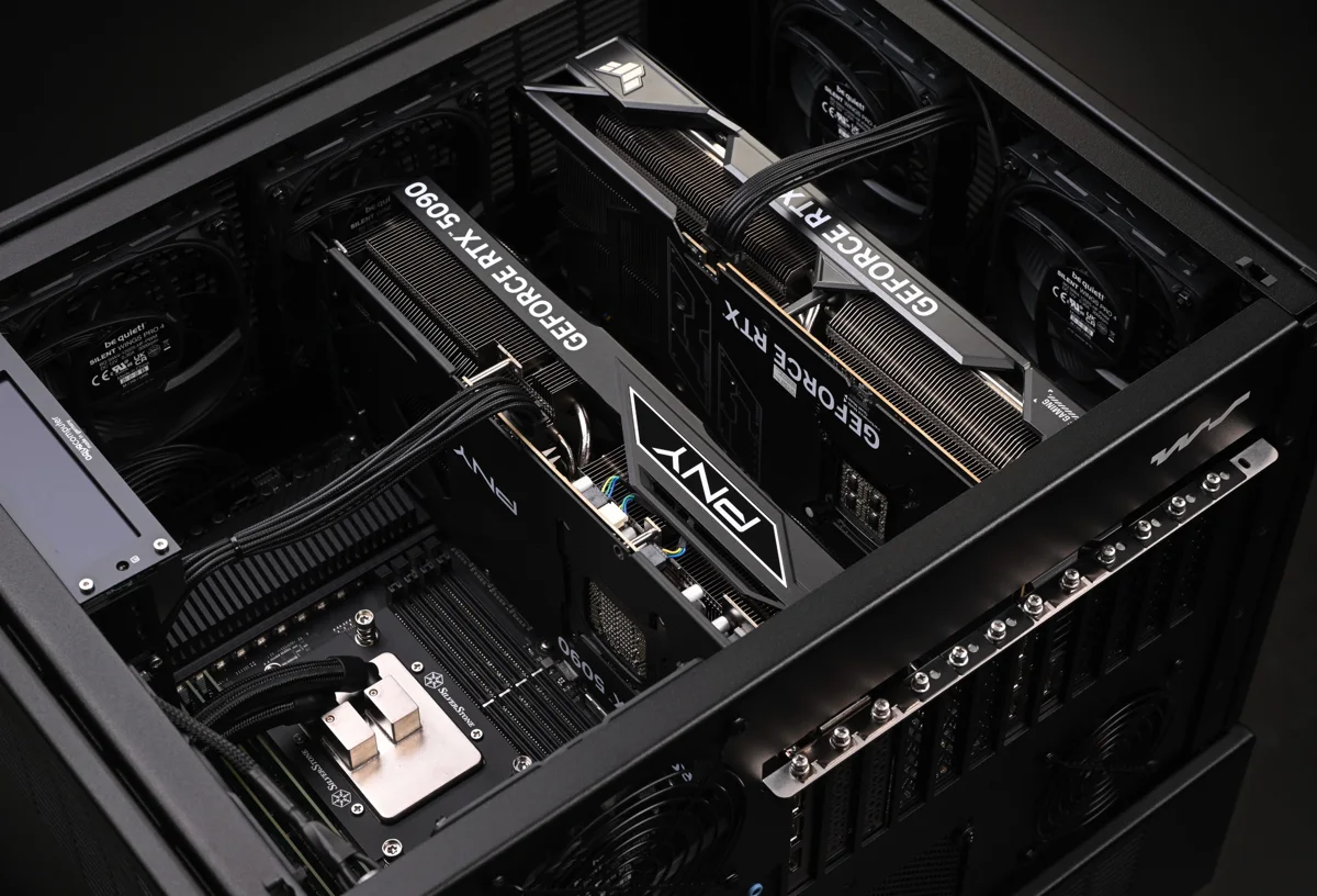 Inside a WS.COMPUTER workstation: two GeForce RTX 5090 graphics cards, sleeved power cables and a SilverStone CPU cooler in a black chassis